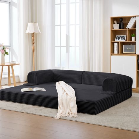 Divano letto 2 posti nero in tessuto effetto corda con design convertibile e salvaspazio (1/5)