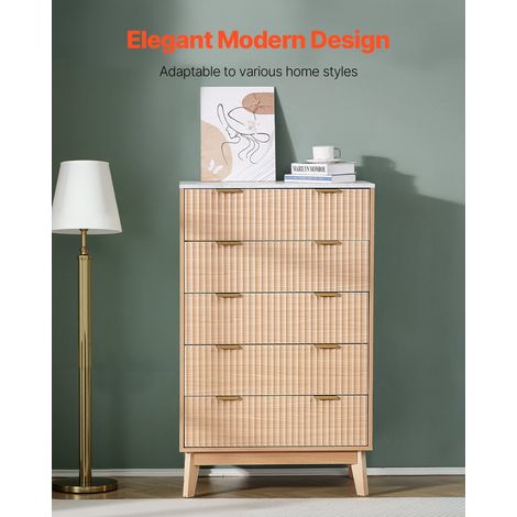 Commode à 5 tiroirs cannelés, meuble de rangement en bois avec système coulissant et anti-basculement, style minimaliste moderne, o… (1/5)