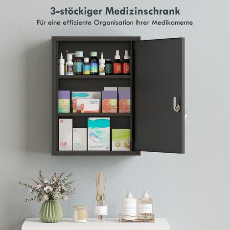 Armoire médicinale murale verrouillable, 3 étagères en acier, 40 x 15 x 53,5 cm, Noir (1/5)