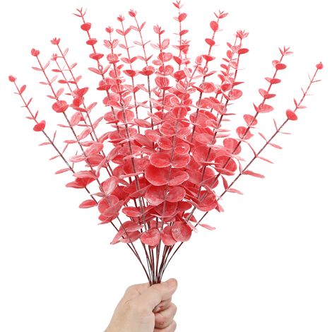 24 künstliche Grünpflanzen, florales Arrangement aus einzelnen Eukalyptusblättern, künstliche Blumendekoration für den Innenbereich (frostig rot - einzelner Eukalyptus 017) (1/2)