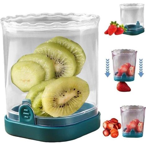 Obst- und Gemüseschneider, Plastikbecher, Edelstahl, Obstschneider mit Druckplatte für Bananen, Erdbeeren und Eier, Küchenhelfer für Erdbeeren (1/4)