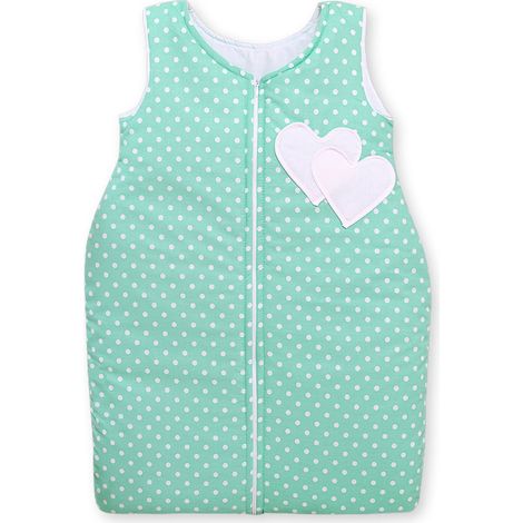Saco de dormir de algodón para niños, talla M, de 6 a 12 meses, TOG 2.5, aislante para todo el año, con estampado de corazones y lunares sobre fondo menta. (1/4)