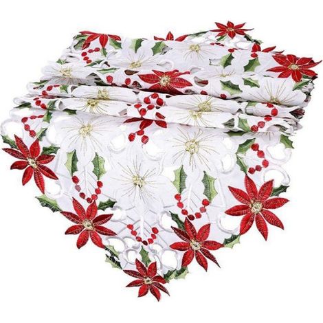 Chemins De Table - Brodé Houx Poinsettia - Blanc Rouge - 40 x 135 cm - Pour Décoration Noël Fêtes Événements - 1 Pièce (1/5)