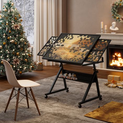 Table pour puzzle 1500 pièces réglable en hauteur et inclinaison, avec 4 plateaux, noir, MDF et métal