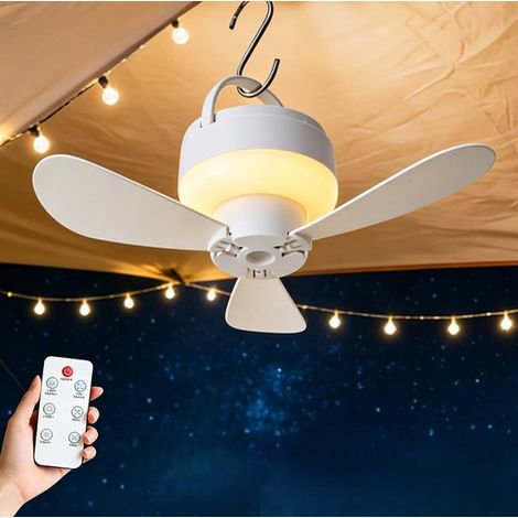 Ventilateur de plafond avec éclairage LED et télécommande, rechargeable USB, pour chambre, terrasse et extérieur (1/2)