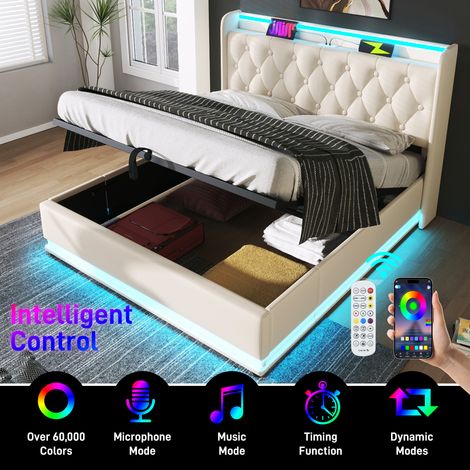 Lit double rembourré, fonction LED surround 360°, commande par bouton/application/télécommande, 180200 cm, lit de rangement hydraulique en PU blanc, tête de lit rembourrée avec fonction de charge USB (1/5)