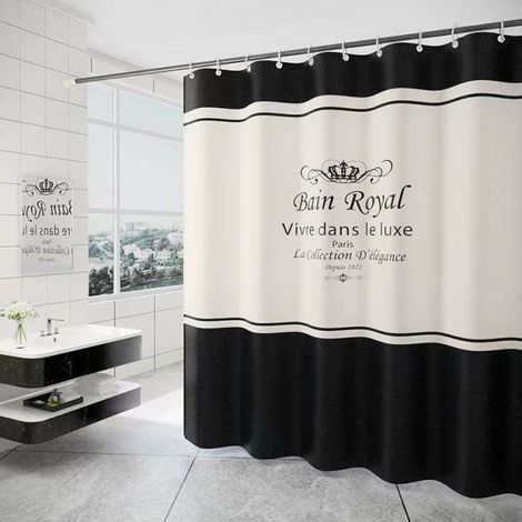180 x 200cm Shower Curtain with 12 Hooks Quick Drying (Black and White), Waterproof Polyester Fabric Machine Washable, Bathroom Curtains (1/5)