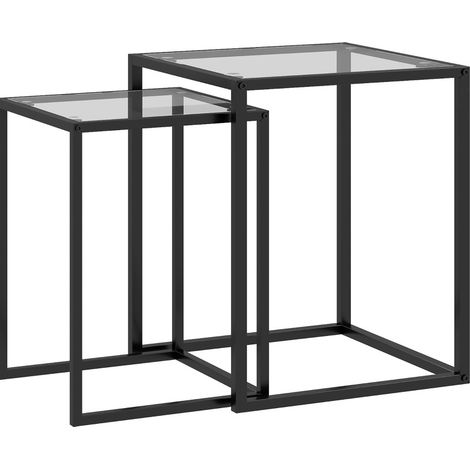 Set de 2 mesas auxiliares apilables de cristal templado y acero negro (1/5)