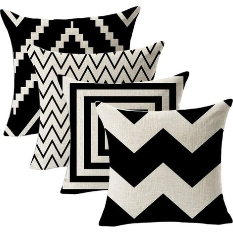 Taies d'oreiller à motifs géométriques, taies d'oreiller en lin, taies d'oreiller carrées courtes, taies d'oreiller à motifs géométriques noirs et blancs, ensemble de 4 pièces pour canapé de chambre (