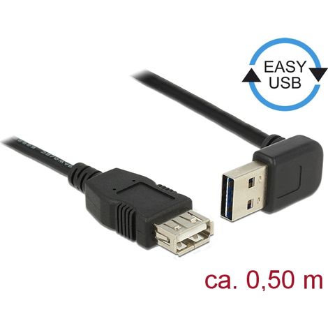 Delock Alargador Cable EASY-USB 2.0 Tipo-A macho, sesgado hacia la arriba y hacia abajo  USB 2.0 Tipo-A hembra negro 0,5 m