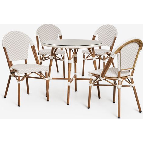 SKLUM Set aus rundem Tisch Ø80 cm und 4 stapelbaren Esszimmerstühlen aus Aluminium Brielle Bistro Beige Nude - Gardenia Weiß                                  