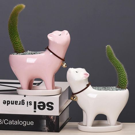 Pot Cactus Céramique Mini Chat avec Trou Drainage pour Décor Bureau Maison (1/5)