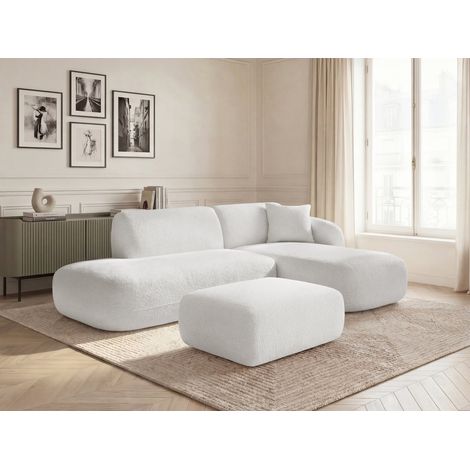 BOBOCHIC - Canapé d'angle fixe modulable ANDA avec 1 méridienne, 1 chauffeuse bout de canapé et 1 pouf Angle droit  Blanc