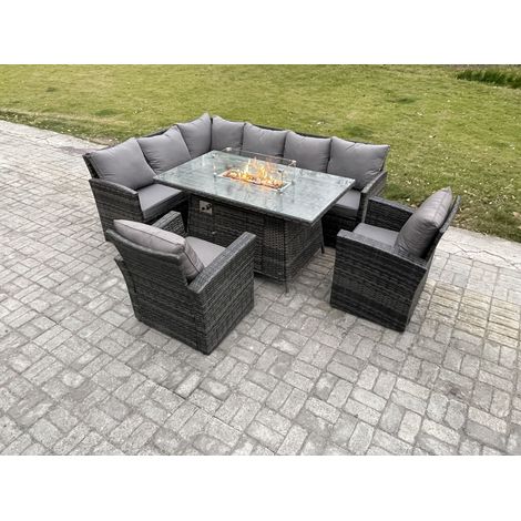 Fimous Rattan Garden Furniture High Back Corner Sofa Gas Fire Pit Dining Table Sets Gas Heater with 2 Armchairs 8 Seater Dark Grey Mixed