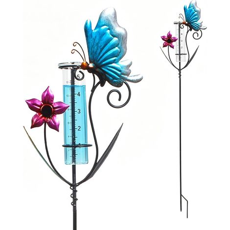 Pluviomètre pour jardin, décoration de jardin, compteur d'eau de pluie en verre, elfe de jardin debout 110 cm avec barre en métal, pluviomètre pour pelouse, terrasse (papillon) (1/5)