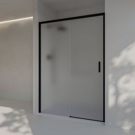 Mampara de ducha frontal corredera + fijo, sin perfil inferior, Vidrio MATE Arenado- seguridad 6mm antical, 168,5 a 173cm x 195cm H, REVERSIBLE, NEGRO (1/5)