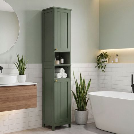 Colonne de Rangement Salle de Bain, avec Éclairage, Étagères Réglables, Gain de Place, Largeur 40 cm, Vert