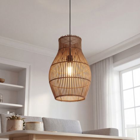 Suspension en bois et aluminium E27 Ø 30 cm ronde noir naturel moderne