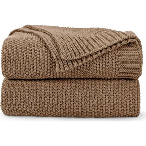 Plaid marron caramel, doux et confortable, en maille torsadée, pour lit, canapé et salon, 127 x 152 cm, marron clair (1/3)