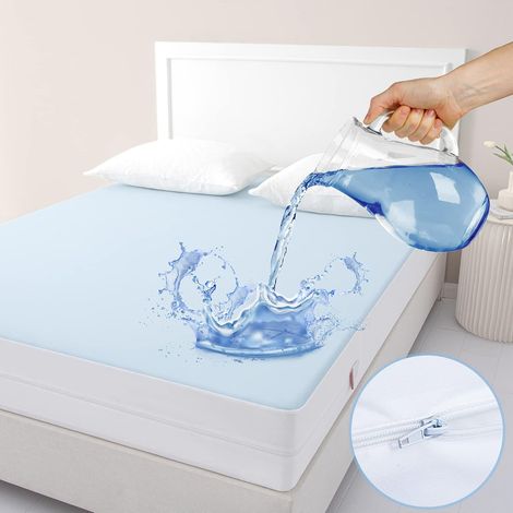 Housse de Matelas imperméable 160X200 - Protège-Matelas avec Fermeture à glissière - 6 Protections latérales, Alèse Lit Anti-acarien avec Fermeture Eclair White (1/5)