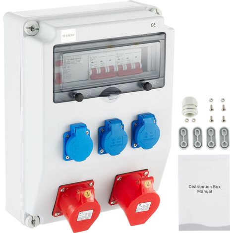 Mophorn Wand Stromverteiler, ABS Kunststoff, Verteilerkasten mit 3xSchuko Steckdose 230V/16A, 1xCEE Steckdose 400V/16A, 1xCEE Steckdose 400V/32A 5 - polig, FI Sicherung, Leitungsschutzschalter