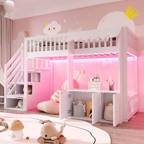 Lit mezzanine en bois blanc 90×200 cm, lit simple, escalier et armoire de rangement, bande LED multicolore, sommier à lattes, sous‑combles (sans Matelas) (1/5)