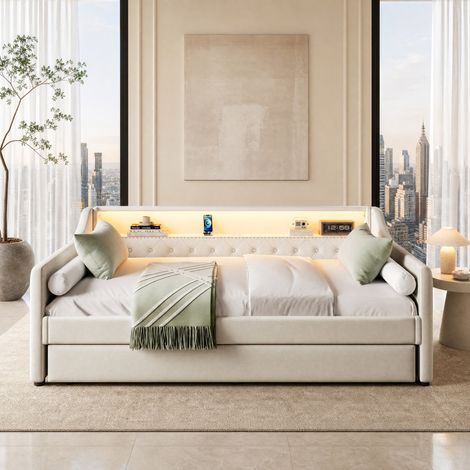 DESMIU Lit banquette 90 × 200 cm 1 place avec lit gigogne, LED et USB, sans matelas, en lin, beige (1/5)