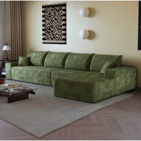 Sofá esquinero modular de 340 cm en pana acanalada verde con chaise longue en L (1/5)