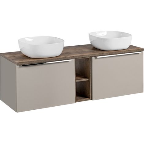 Meuble Double Vasques à poser L 140 cm x P 46 x H 48,5 cm - Taupe et poignées argentées chromées - Rosario - Livraison gratuite