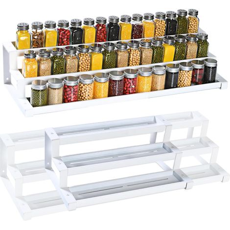 Étagère à épices à 3 niveaux pour armoires, extensible de 41 à 75 cm, grand organisateur d'épices pour plan de travail de cuisine, garde-manger, salle de bain, blanc (1/5)
