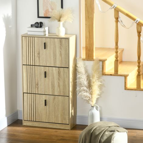 Großer Schuhschrank mit 3 Klapptüren, Platz für 18 Paar Schuhe, für Eingangsbereich, Flur oder Wohnzimmer, 63 x 24 x 117 cm, Eiche