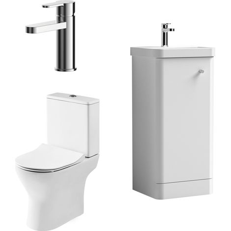 Balterley Flashbrook Contemporary Floor Standing 1 Door Bathroom Vanity Unit, Basin, Tap & Toilet Pack, Gloss White, 379mm (1/4)