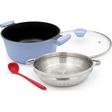 28 cm Saucepan with Lid, Large 7 Litre Dutch Oven with Steamer Basket, Non-Stick Coating - Double Handle Casserole - Blue (1/5)
