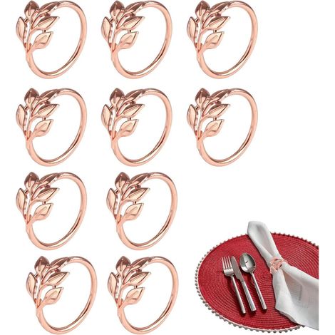 Lot de 10 ronds de serviette en métal, motif feuille, pour la table. Accessoires et décorations de table, parfaits pour les repas de famille, mariages, anniversaires, Noël et Thanksgiving. Dimensions (1/5)