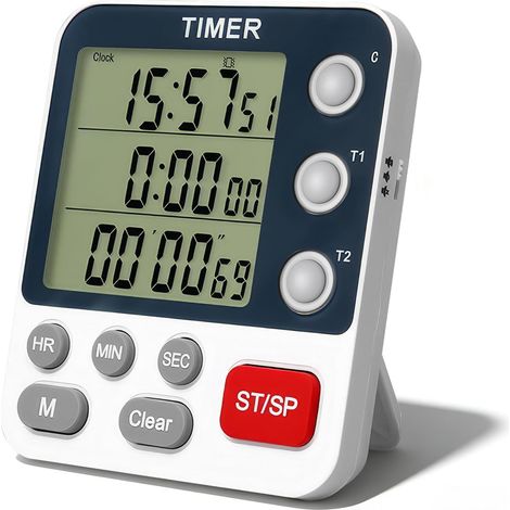 Minuterie Double - Écran LCD Grand Format - 3 Fonctions Indépendantes Countdown Compte à Rebours Chronomètre - Pour Cuisine Étude Thérapie - 1 Pièce