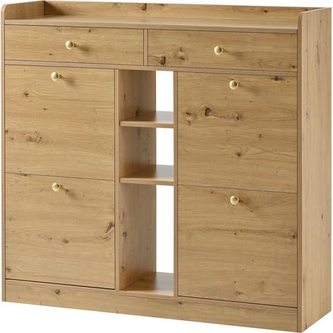 ELVMI Scarpiera con 4 Ante a Ribalta, 2 Cassetti e 3 Vani Aperti, per Ingresso, 110 × 26 × 100 cm, Naturale (1/5)