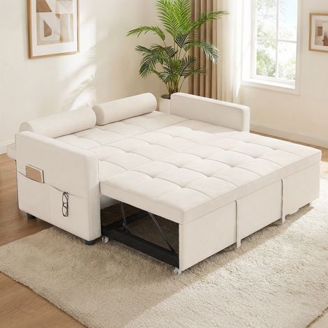 2-Sitzer-Schlafsofa (3-in-1) mit Ausziehfunktion, doppelt verstellbarer Rückenlehne, 2 Kissen, 80,5 x 137,5 x 84 cm, beige
