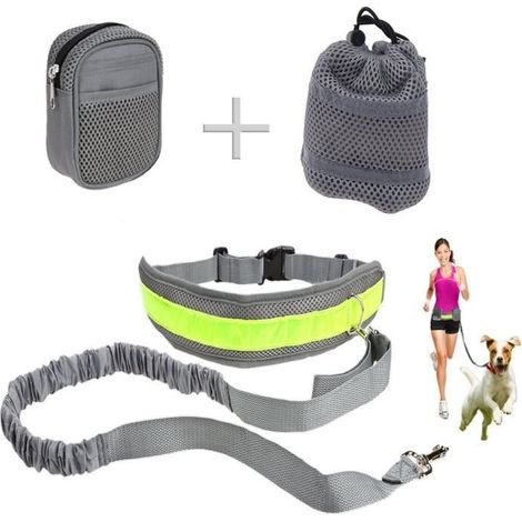 Kit Ceinture Laisse Chien - Réfléchissant - Mains Libres - Nylon - Pour Course et Vélo - Gris