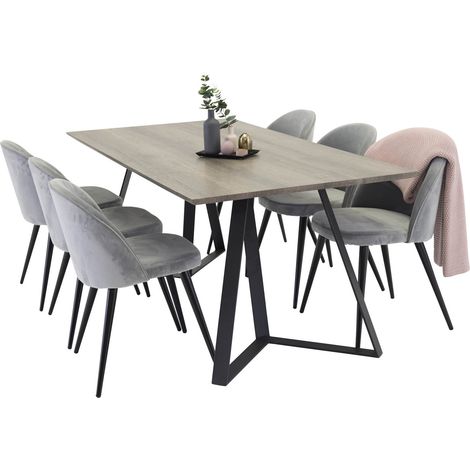MarinaGRBL Essgruppe Esstisch El Holz dekor grau und 6 Velvet Esszimmerstühle Velour hellgrau.