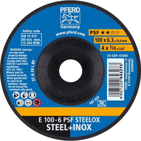 PFERD TOOLS Schruppscheibe E 100x6,3x16 mm Universallinie PSF STEELOX für Stahl/Edelstahl 10 Stk