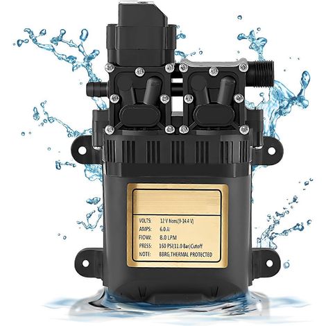 Pompe à eau portable à double moteur et à membrane 12 V avec pressostat intégré, pression 1,1 MPa, débit 8,0 LPM, compatible avec les stations de lavage de voitures à domicile, les camping-cars, les j (1/5)