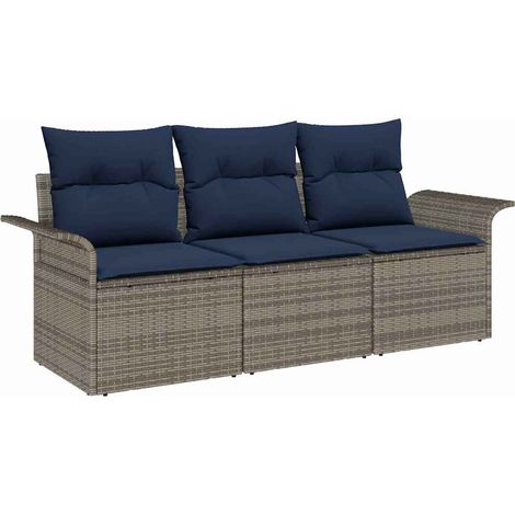 Garten-Sofa-Set mit Kissen mit Speicher 3 pcs Grau Poly Rattan vidaXL