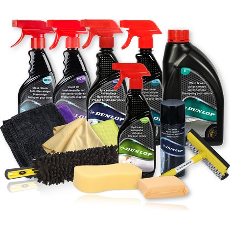 Kit Complet Nettoyage Extérieur Voiture Dunlop KNCE2 15 pièces - Shampoing, Jantes, Microfibres, Brosse, Éponges