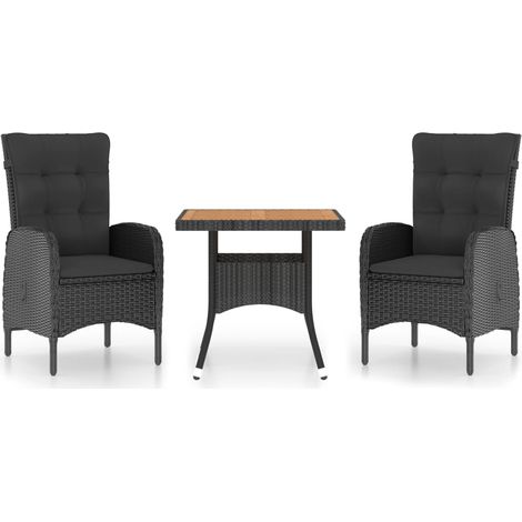 Ensemble à dîner de jardin 3 pcs Mobilier de jardin Résine tressée et acacia Noir (1/5)