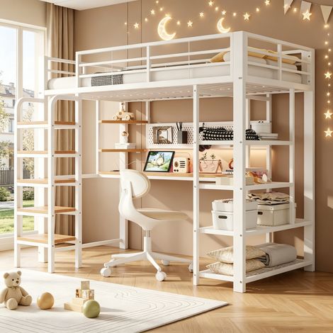 Lit mezzanine enfant 90x200cm avec éclairage LED et bureau,prise,métal lit superposé simple avec panneau,rangement,étagère,échelle,sans matelas,Blanc (1/5)