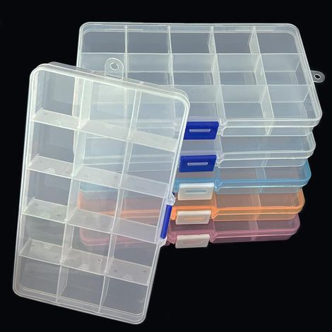Juego de 6 cajas de almacenamiento de plástico con 15 compartimentos, organizador de plástico para manualidades, joyas, cuentas, pendientes y piezas pequeñas.