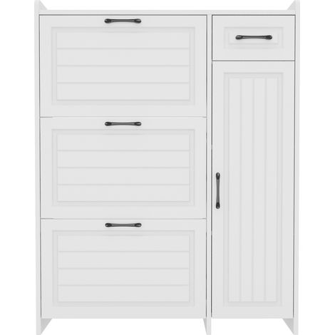 Zapatero moderno blanco con 3 puertas abatibles, cajón y armario, 92x24x121 cm (1/5)