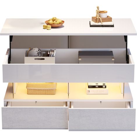 Table basse relevable blanche avec rangement caché, plateau réglable en hauteur, 2 tiroirs et LED Bluetooth, 100x50x46 cm (1/5)