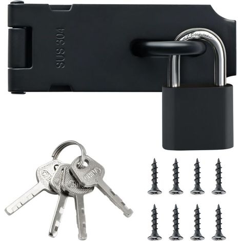Außentürriegel-Torschloss mit Vorhängeschloss, SUS304 Edelstahl-Innentürschloss für Schrank, Garten, Mattschwarz, EMST009-B (1/4)