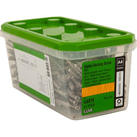 Tornillos para tarimas ESSVE HDS NN para montaje oculto en madera, acero A4, 4,8 x 75 mm, 250 unidades. (1/2)